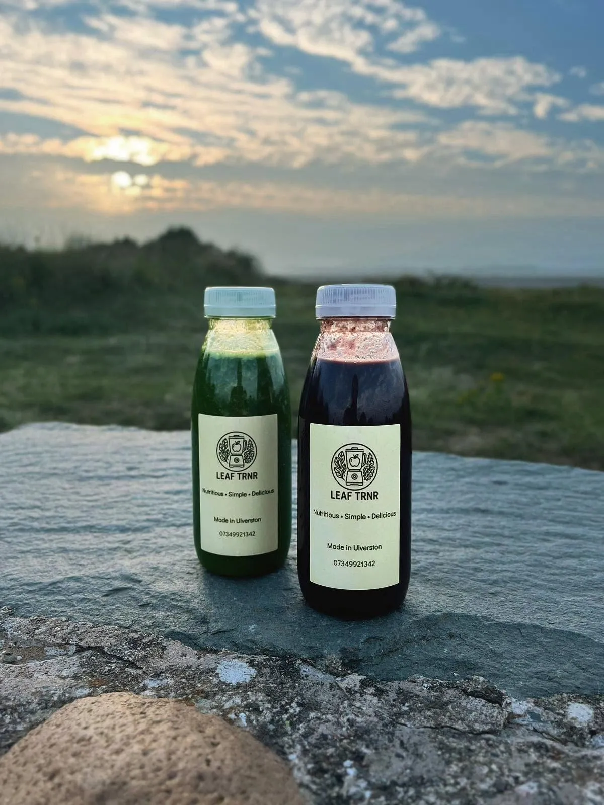 Two Leaf TRNR smoothie bottles on a stone wall at sunset.